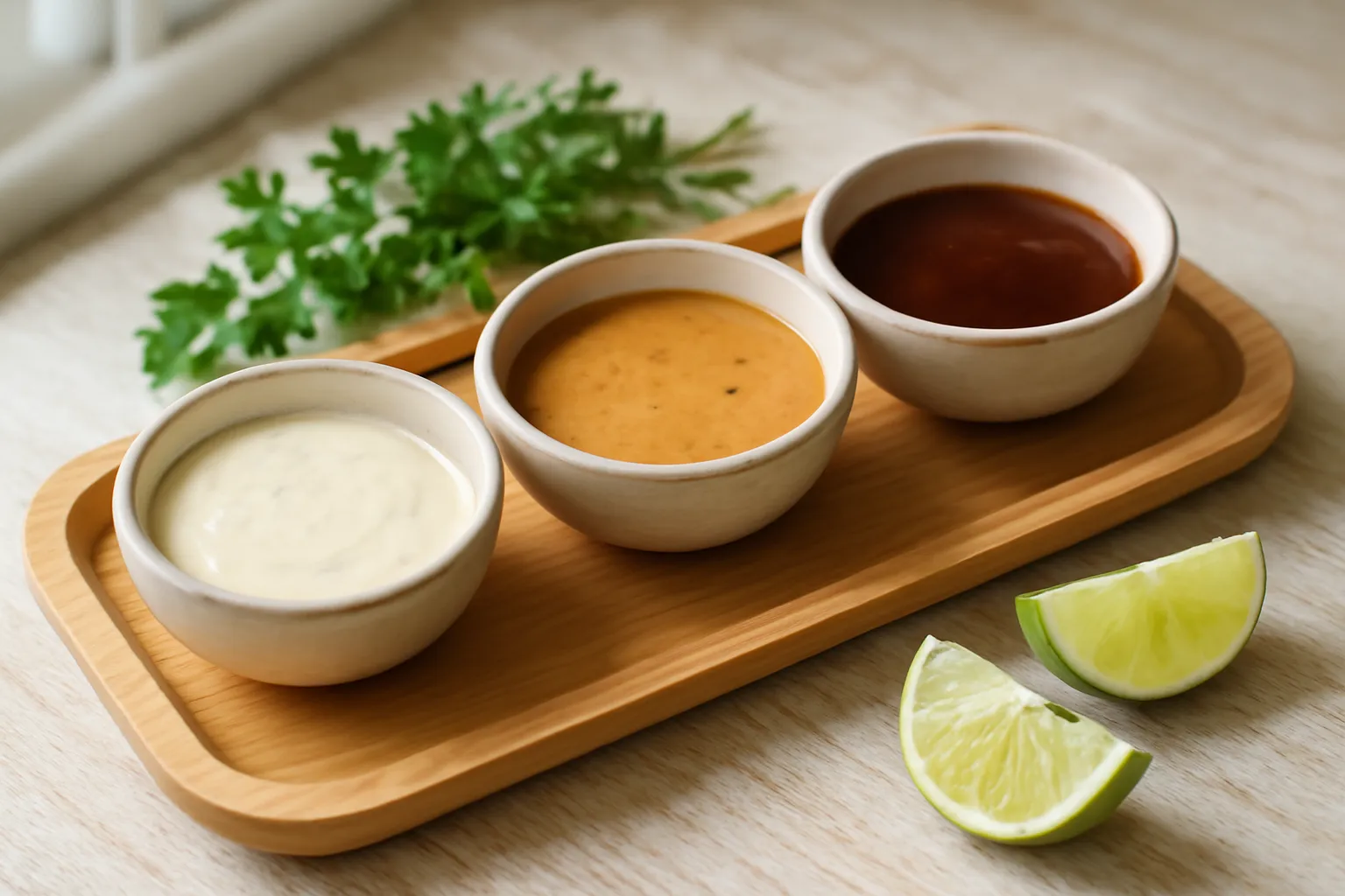 Ba chén nước chấm màu sắc khác nhau đặt cạnh nhau trên mâm tre