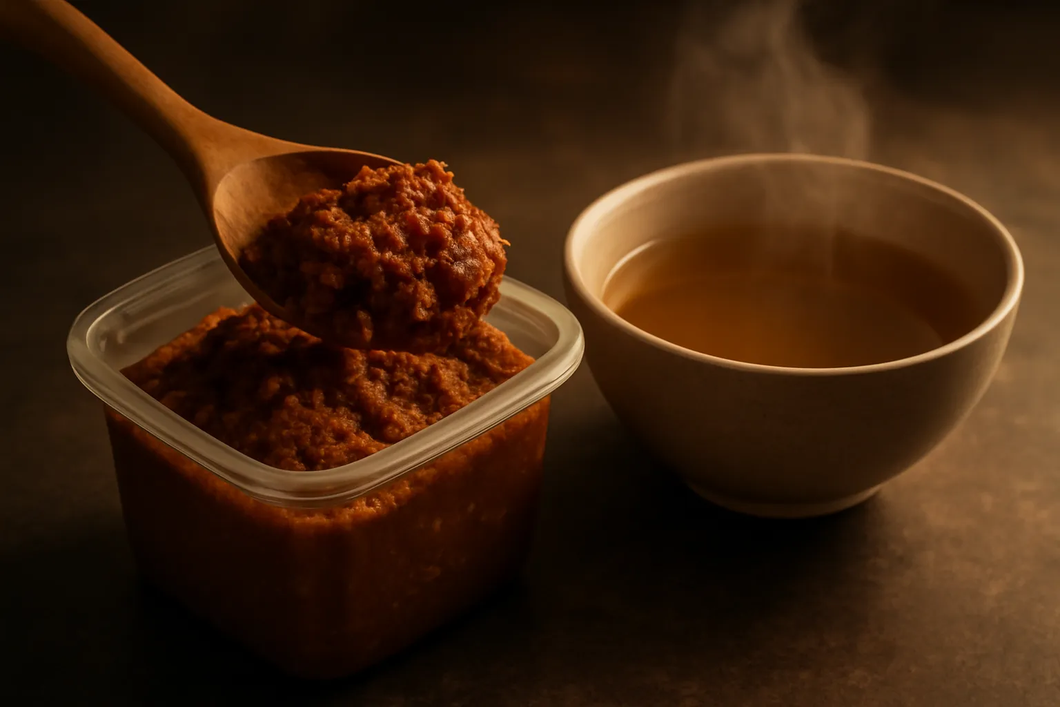 Muỗng gỗ múc miso nâu đặc từ hộp, bên cạnh là chén nước dùng đang bốc hơi