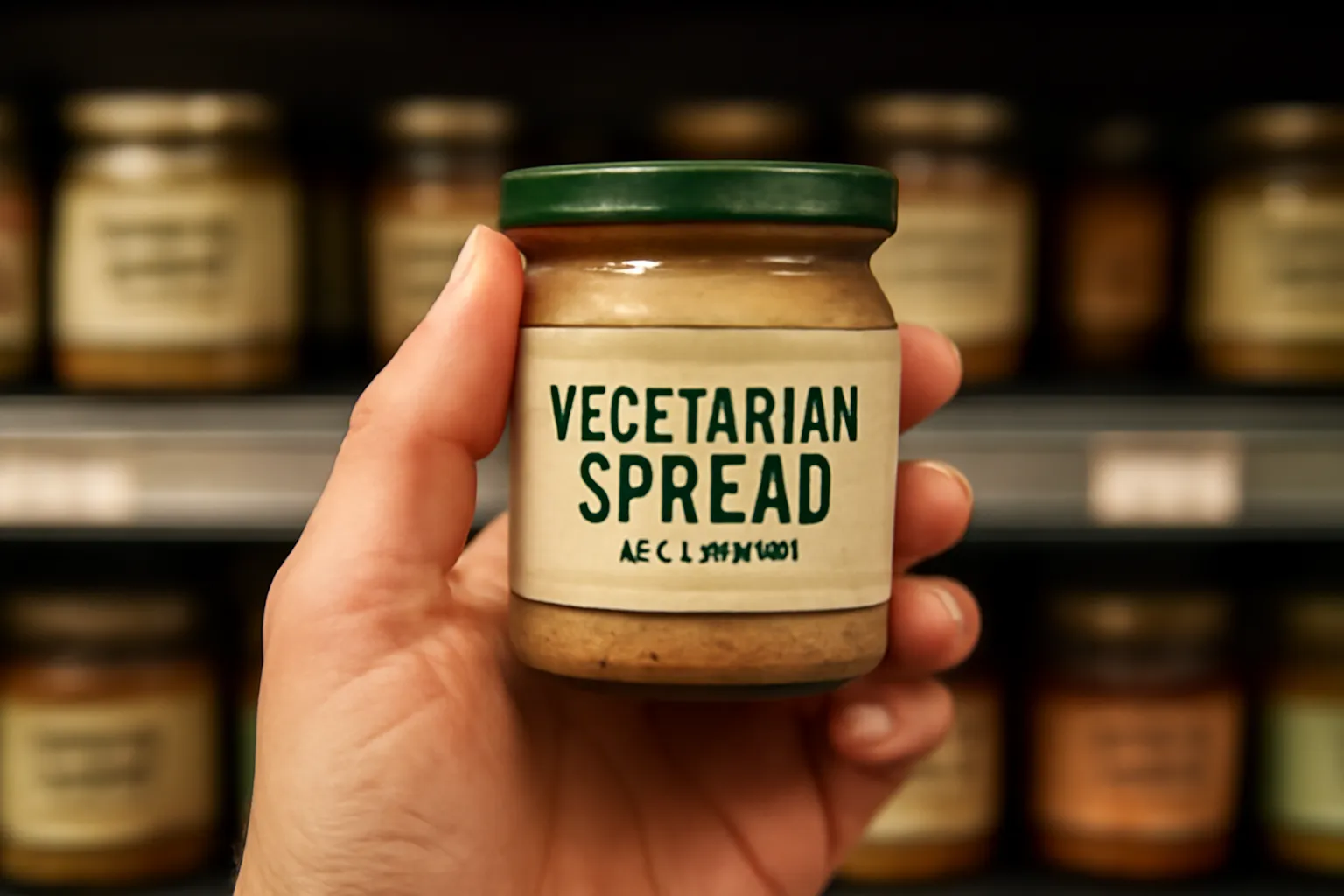 Bàn tay cầm một hũ pate chay trước kệ hàng trong cửa hàng thực phẩm