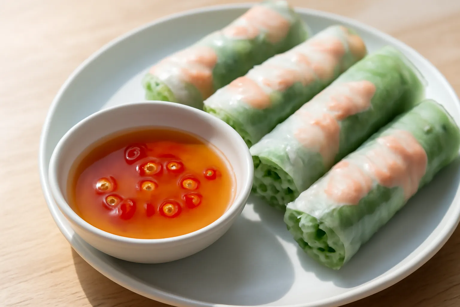 Chén nước chấm chay màu hổ phách với ớt và tỏi nổi trên mặt