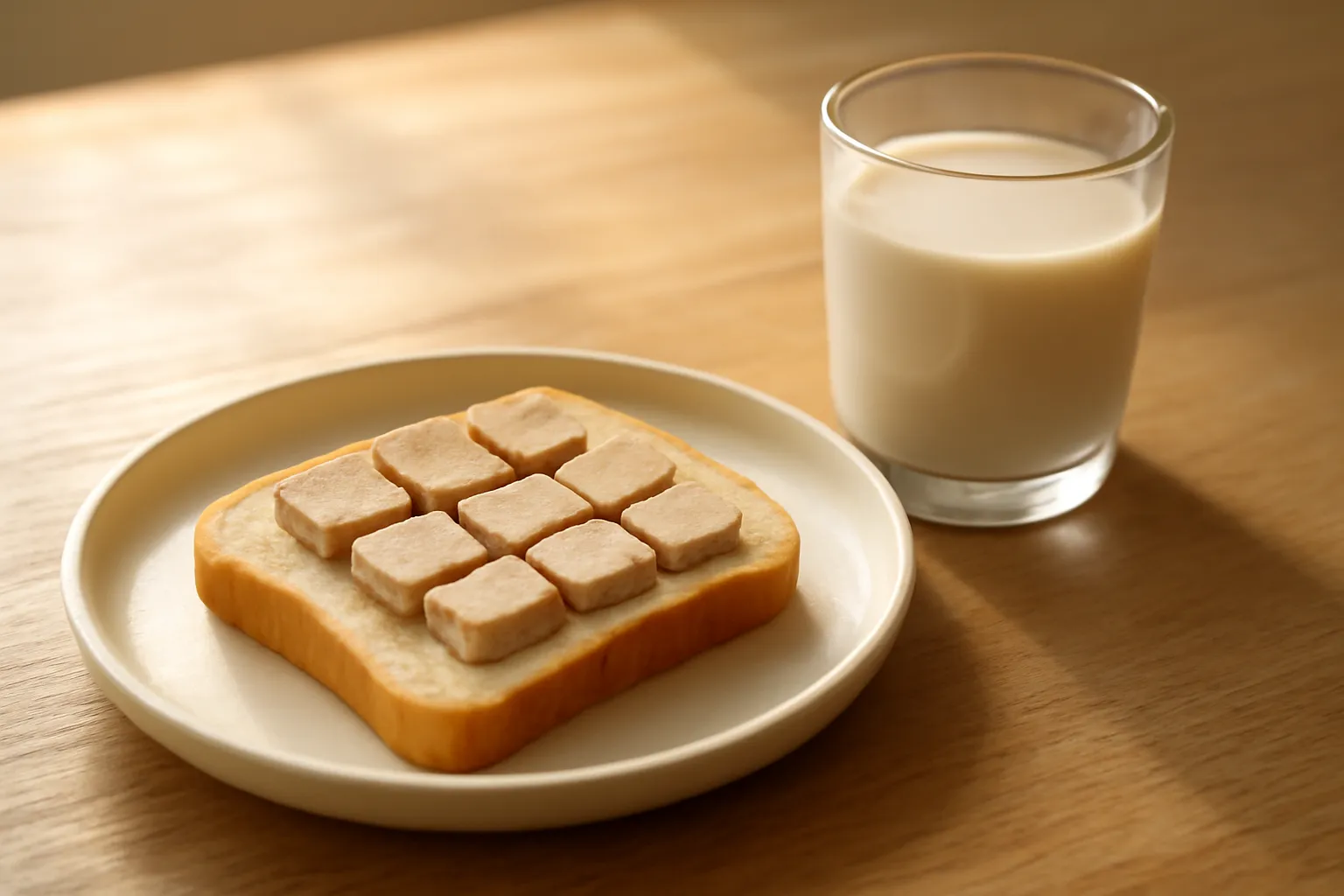 Lát bánh mì phết pate được cắt nhỏ đặt trên đĩa trẻ em bên cạnh ly sữa hạt