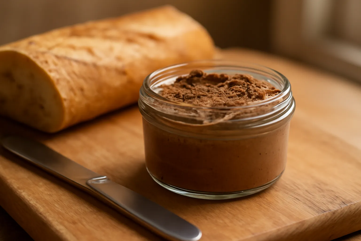 Hũ pate chay màu nâu mịn đặt cạnh ổ bánh mì và con dao phết