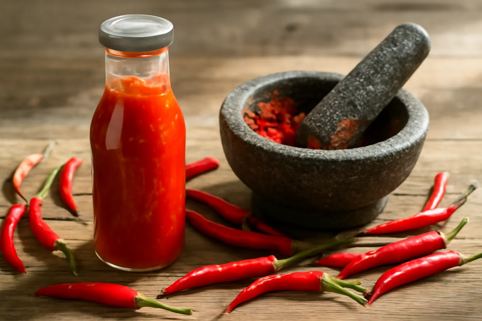 Chai tương ớt đỏ tươi tự làm đặt cạnh cối giã còn dính ớt