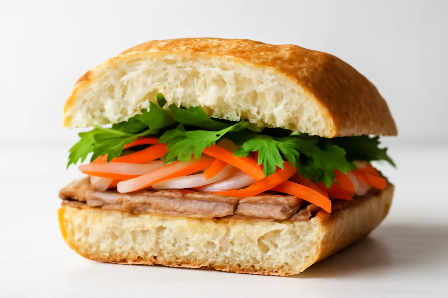 Ổ bánh mì cắt đôi nhìn rõ từng lớp pate, nhân và rau bên trong